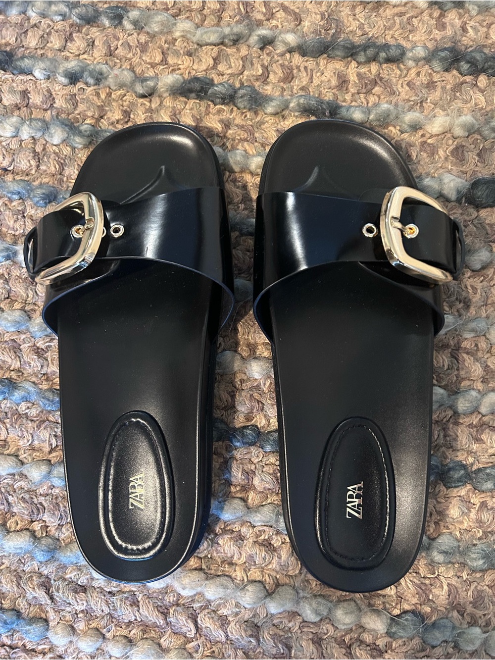 ZARA Black Slide Sandals with Silver Buckles